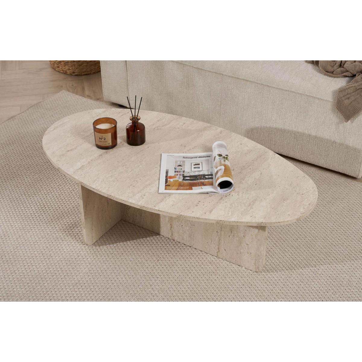 COUCHTISCH mit ovaler Platte L125 cm 65/120/40 cm - Beige, Holzwerkstoff (70/65/40cm) - Calicosy