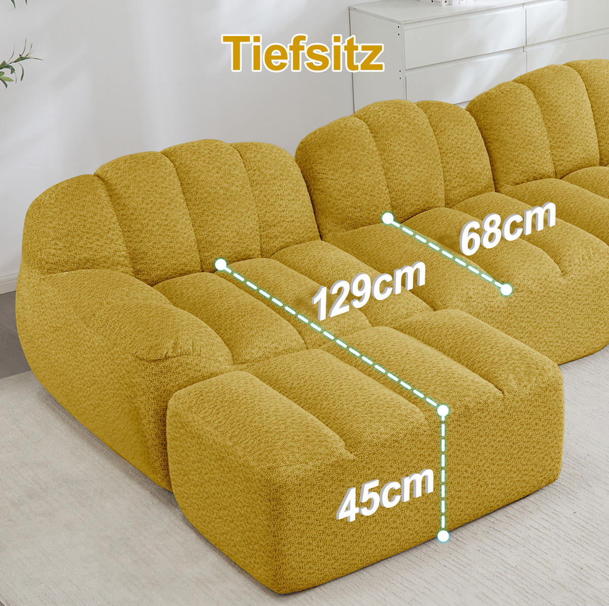 SOFA 210/165/79 cm in Gelb mit Ottomane, modular und ohne Montage - Gelb, Textil (165/79/210cm) - Flora Grace