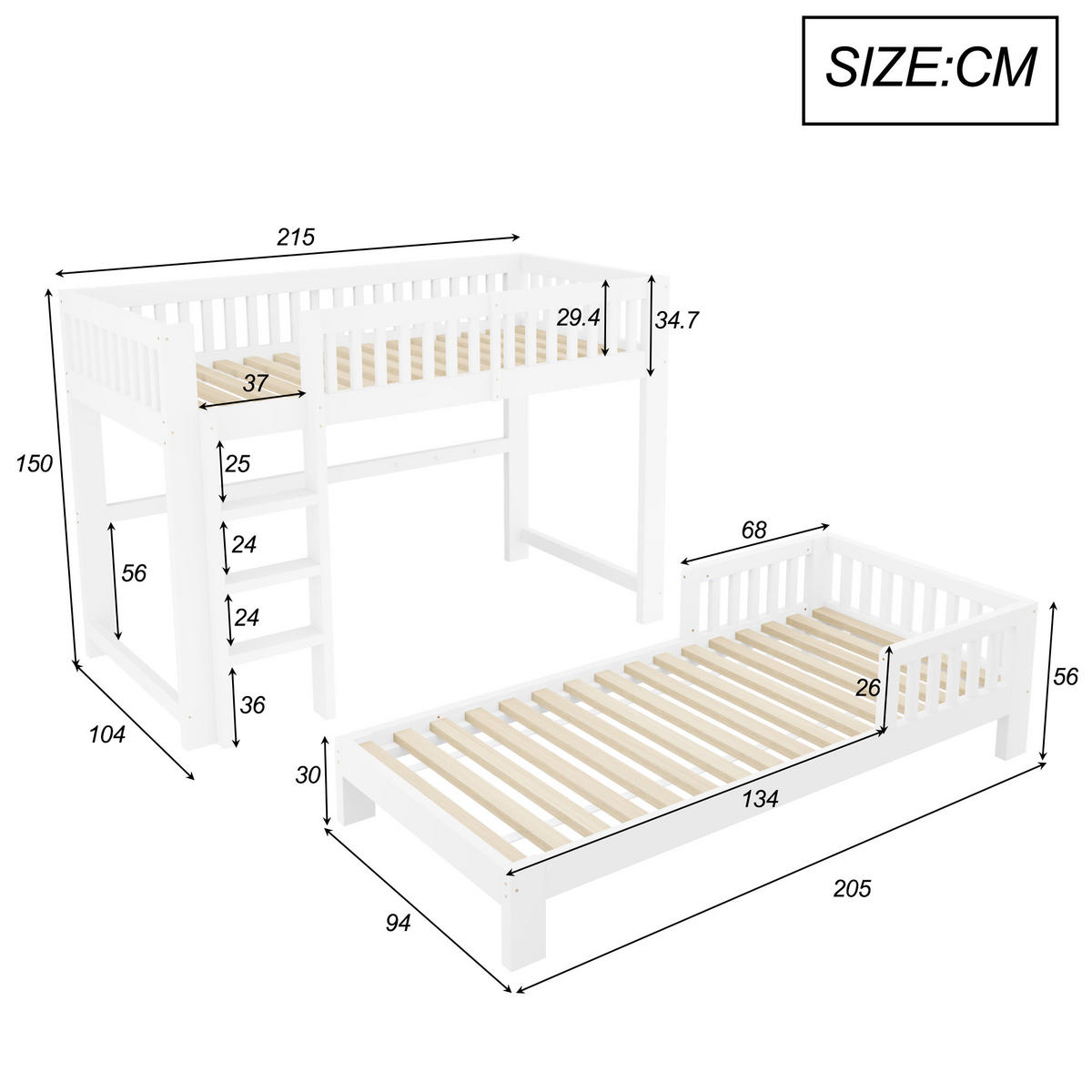 ETAGENBETT 90/200 cm Hochbett und Einzelbett, DE-41582, in Weiß - Weiß, Holzwerkstoff (90/200cm) - ComfortXL