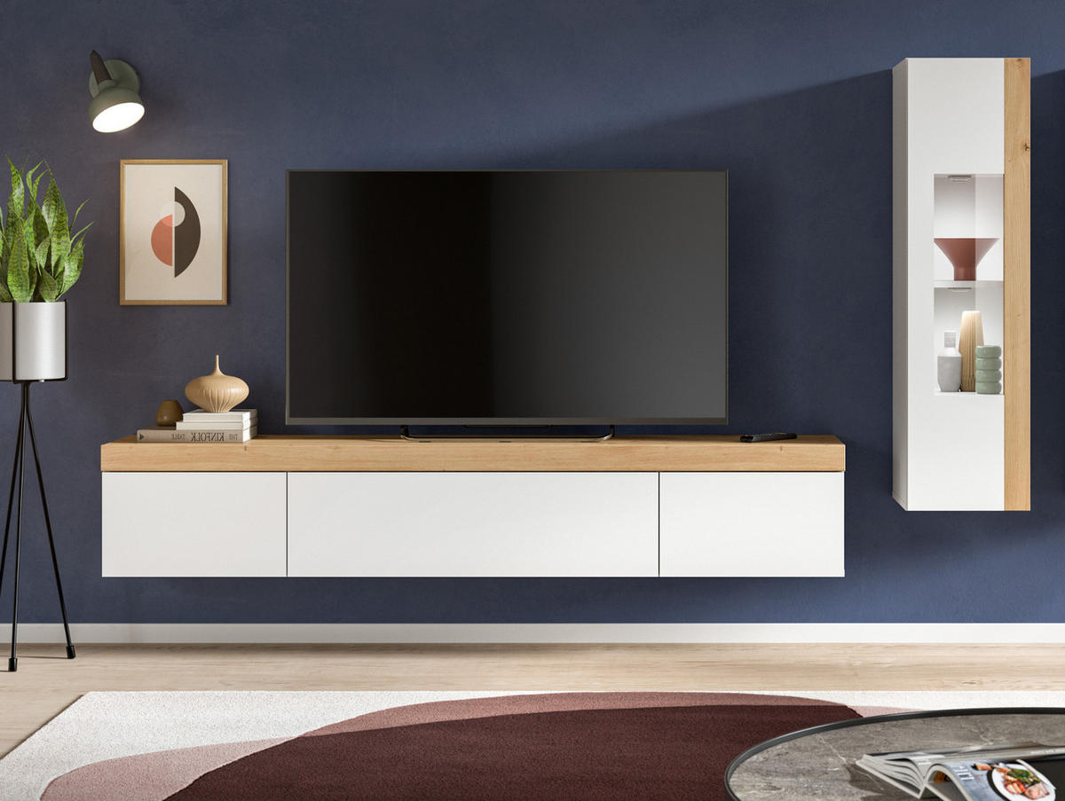 WOHNWAND 2-teilig weiß und Eiche 225 cm, Schrankwand stehend/hängend - Schwarz/Weiß, Glas/Holzwerkstoff (225/157/33cm) - Inn.Furn