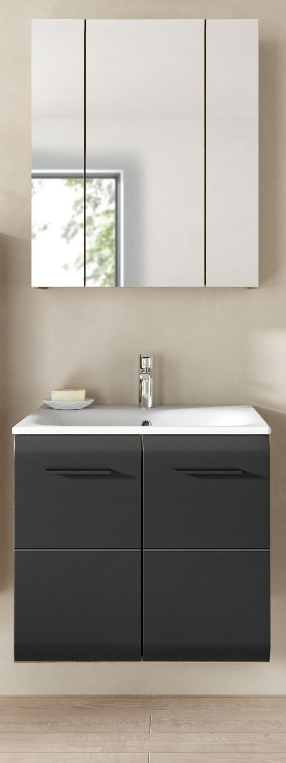 BADMÖBEL-SET 2-teilig Schwarz matt und Eiche Komplett-Set mit Waschbecken, 60 x 185 cm - Eichefarben/Schwarz, Glas/Holzwerkstoff (60/185/46cm) - Inn.Furn