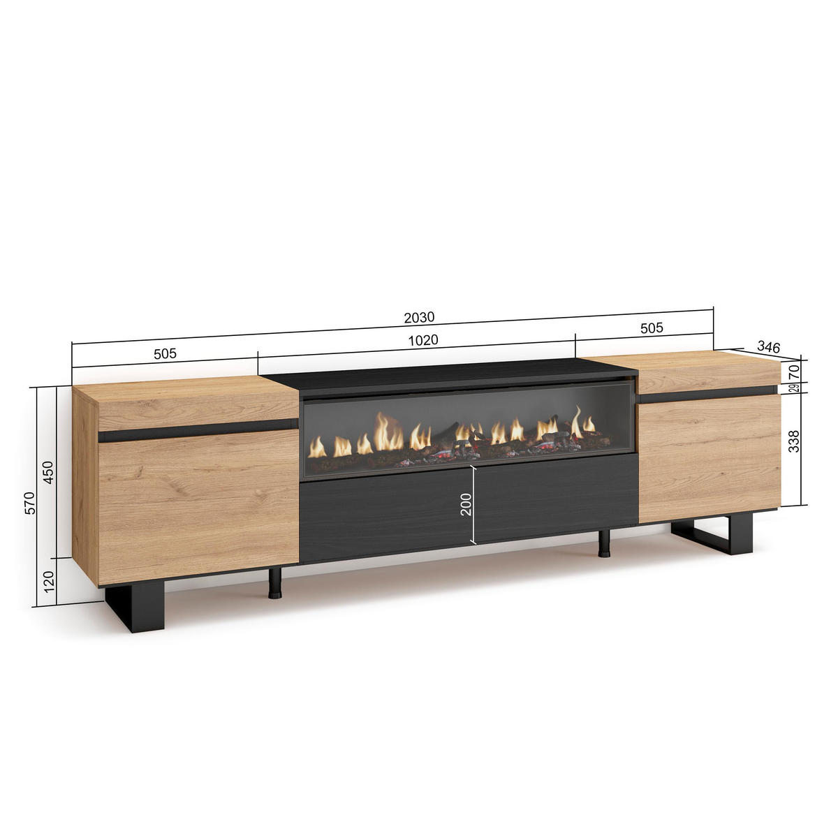 LOWBOARD Elektrokamin, eiche, schwarz, 200/35/57cm - Eichefarben/Naturfarben, Holzwerkstoff (200/57/35cm) - Skraut Home
