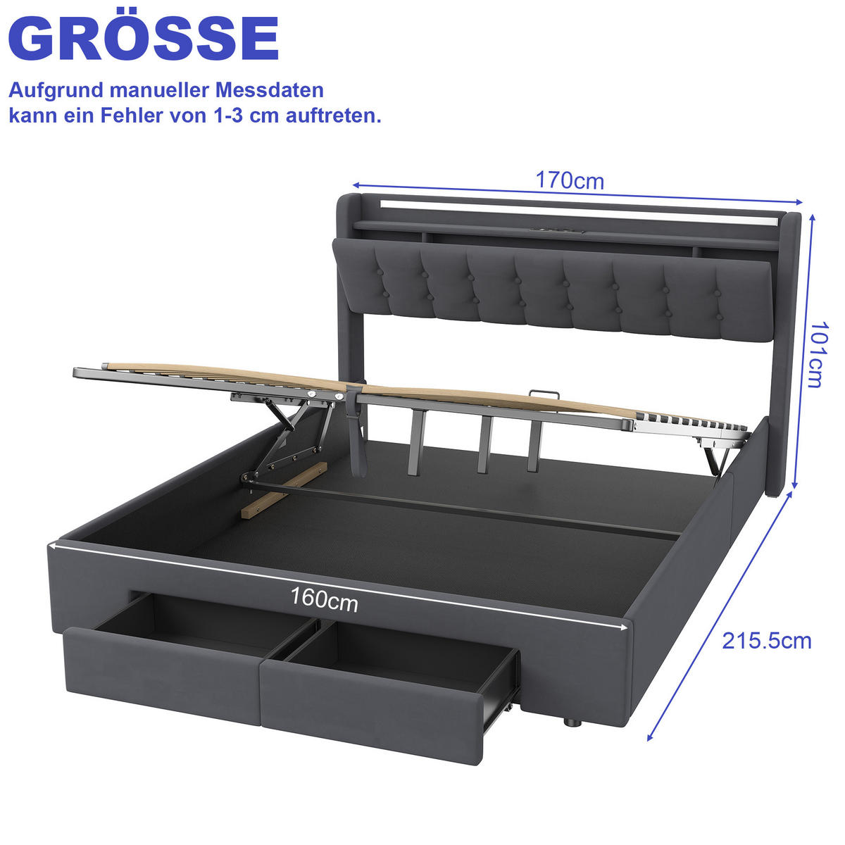 POLSTERBETT 160/200 cm mit LED-Beleuchtung, USB-Anschluss und Stauraum, Grau - Grau, Holzwerkstoff (160/200cm) - Redom