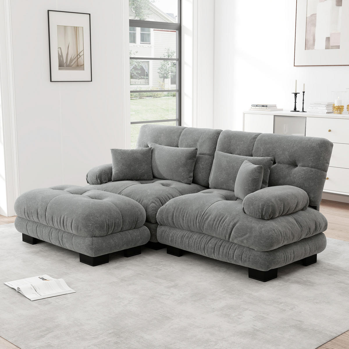 ECKSOFA Chenille Grau mit Kissen und Ottoman - Grau, Textil (220/145cm) - WISHDOR