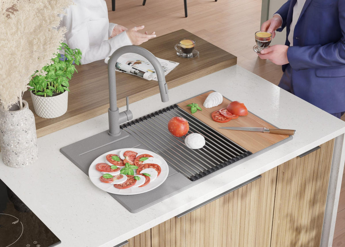 GRANITSPÜLE Kopenhagen, 2-er set Grau 78/50 cm 1 Becken + Küchenarmatur 38/14 cm + Ablauf-Set + Schneidebrett ab 60er Unterschrank - Beige/Grau, Kunststoff (78/20/50cm) - Primagran