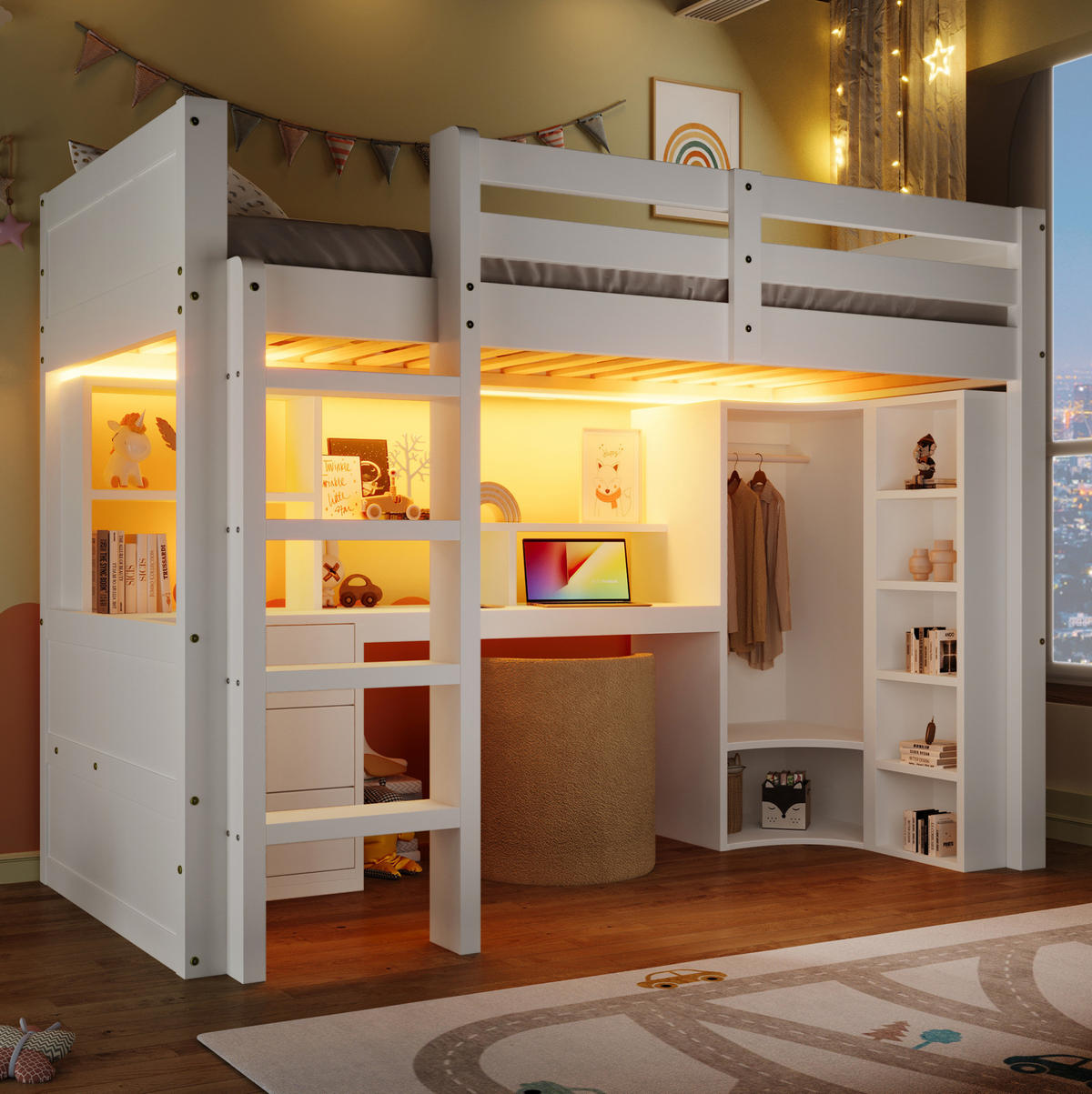 HOCHBETT aus Kiefer 90x200 cm Weiß mit LED-Beleuchtung, Schreibtisch, Kleiderschrank und Schubladen - Weiß, Holzwerkstoff (90/200cm) - Modfu