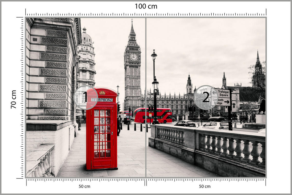 FOTOTAPETE für Wohnzimmer Rote Telefonzelle London BIG BEN Bus 100x70 - Beige/Rot, Papier (100/70cm) - Muralo