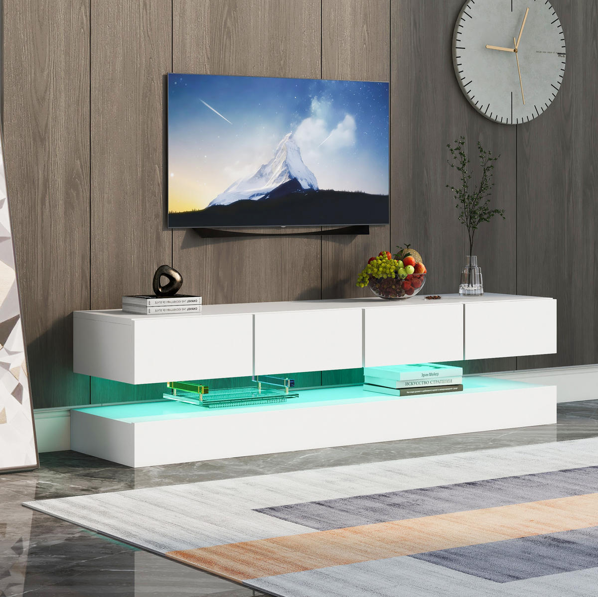 TV-LOWBOARD aus MDF 130x33x15 cm Weiß wandhängend mit LED-Beleuchtung, 4 Schubladen und Bluetooth-App-Steuerung - Weiß, Holzwerkstoff (130/15/33cm) - Modfu