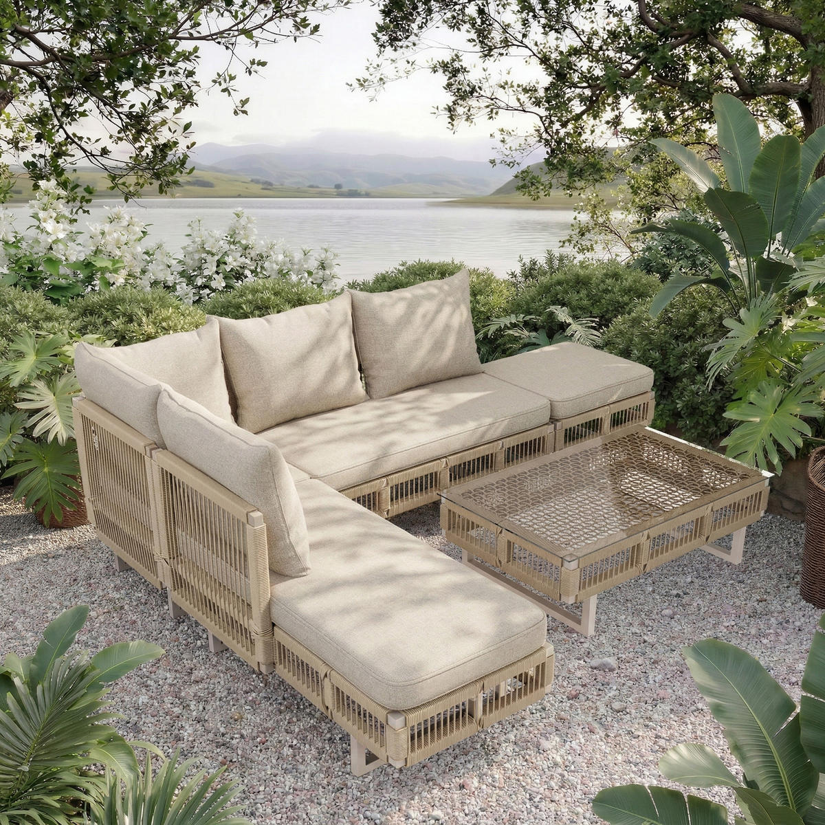 LOUNGESET, Seilgeflecht, Verstellbare Füße, Glas-Couchtisch, Beige - Beige, Metall - FLIEKS