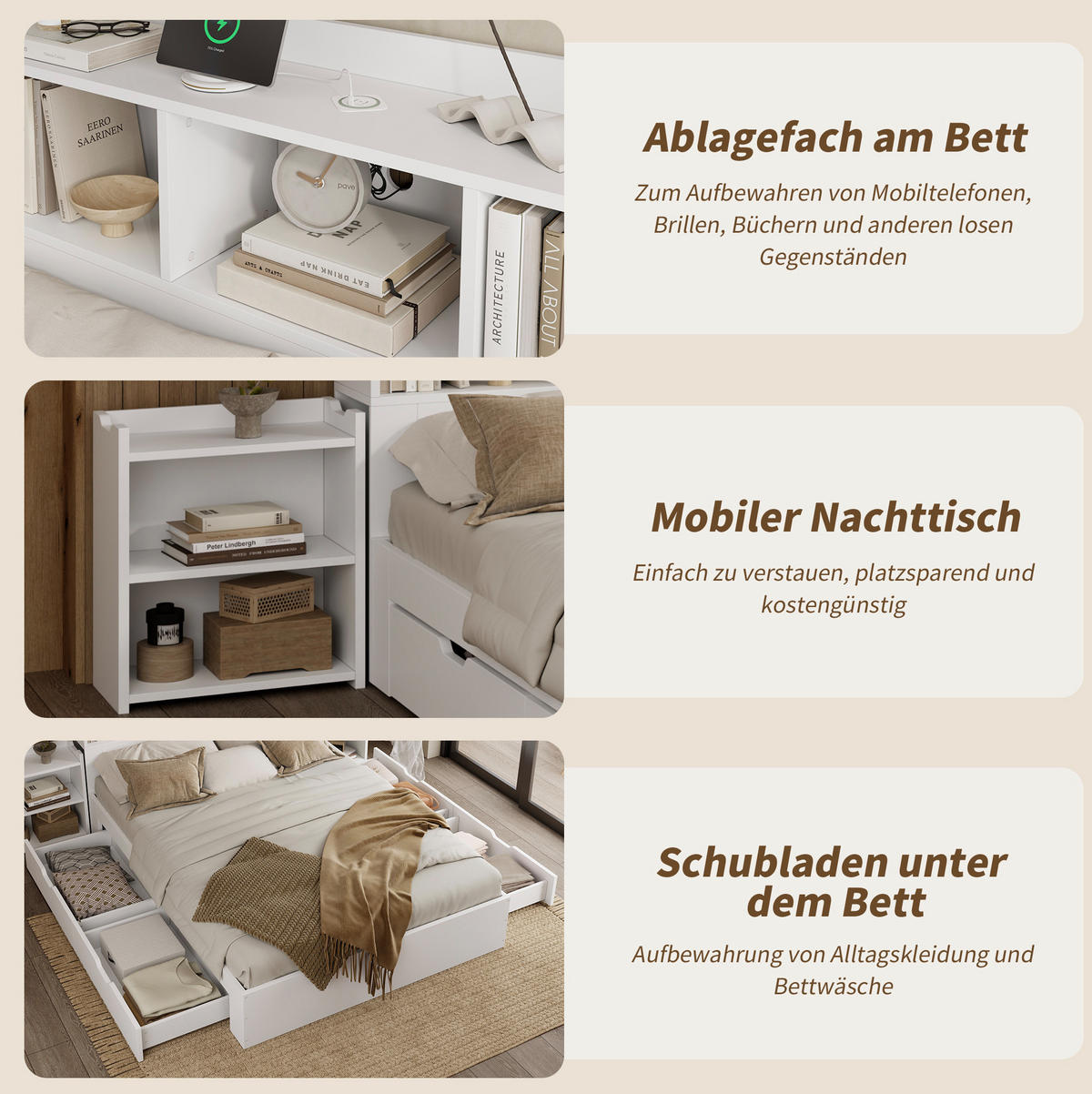HOLZBETT 140/200 cm in Weiß – mit Stauraum, Schubladen und Ladefunktion - Weiß, Holzwerkstoff (140/200cm) - BEAOK