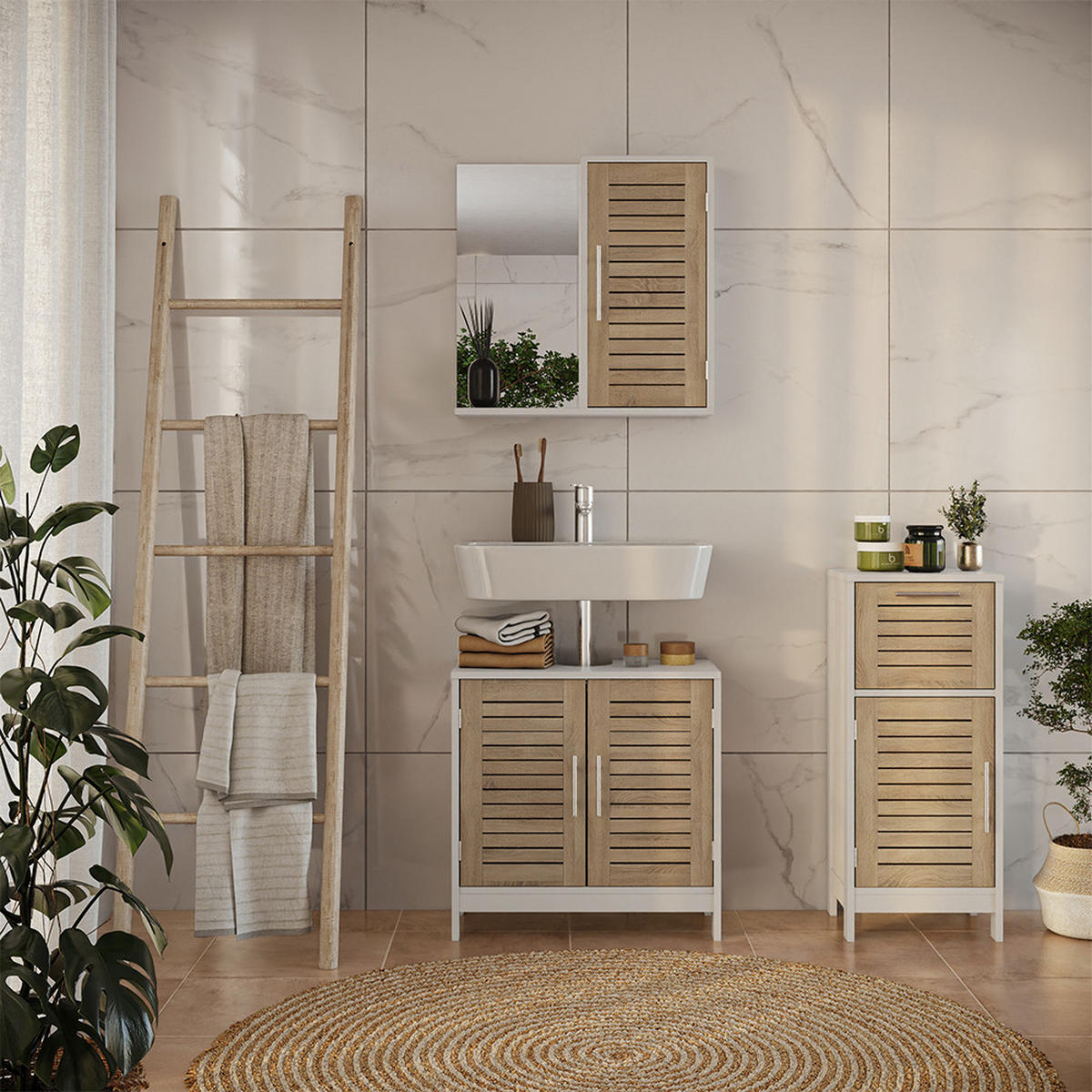 BADMÖBEL-SET Looma Weiß/Eiche 3 Teile - Weiß, Holzwerkstoff (60/60/29.6cm) - Vicco