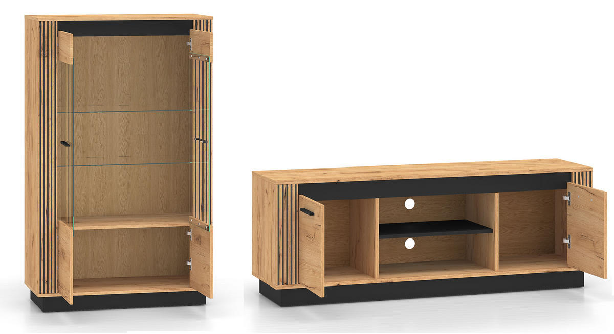 WOHNZIMMER-SET Urso 2-teilig Gold Craft Eiche / Schwarz - Eichefarben/Schwarz, Holz/Holzwerkstoff (242/141/40cm) - Feldmann-Wohnen