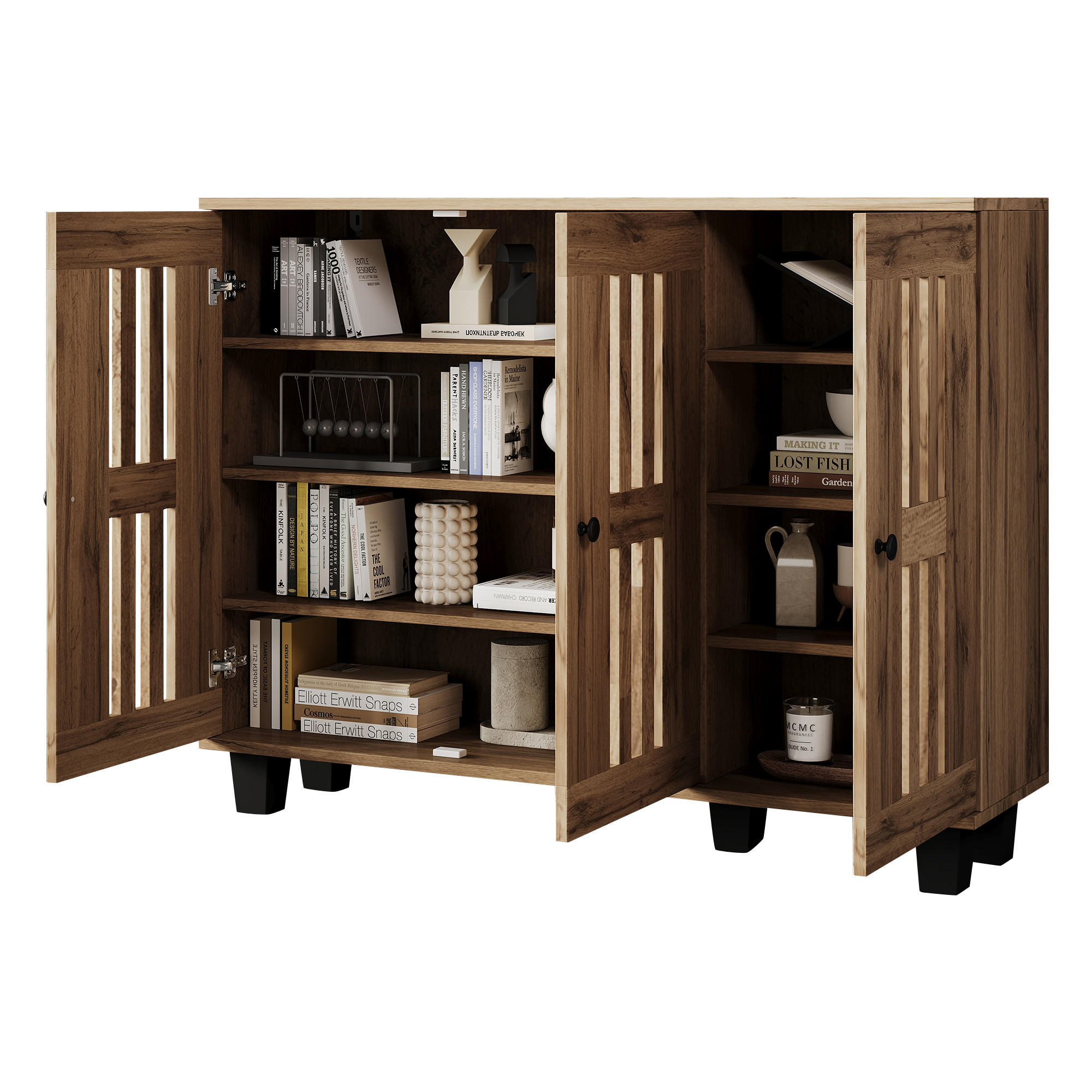 SIDEBOARD in Naturfarben mit 3 Türen für Wohnzimmer und Eingangsbereich, B120/T30/H92 cm - Schwarz/Naturfarben, Holzwerkstoff/Kunststoff (120/92/32cm) - STILVORA