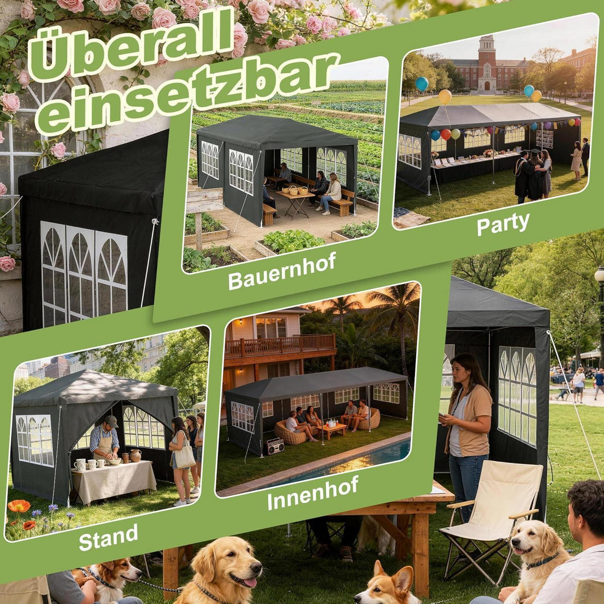PAVILLON 3x3 m Anthrazit mit Seitenteilen und Fenstern - Anthrazit, Textil (250/300/300cm)