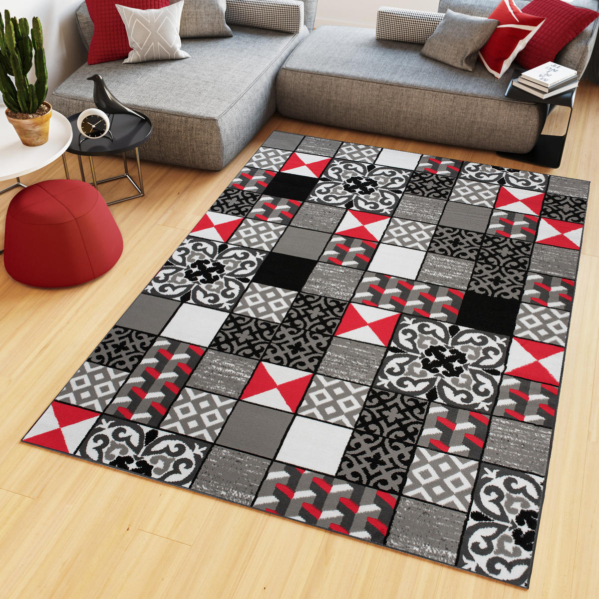 TEPPICH MAYA Rot Mosaik Karo Floral 250/300 cm - Rot, Textil (250/300cm) - Tapiso
