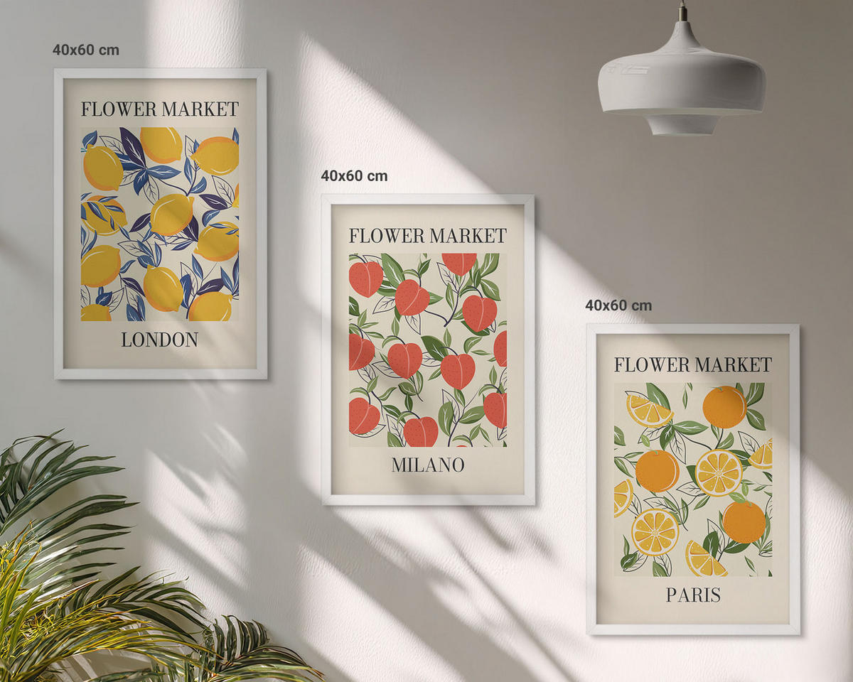 WANDBILDER 3er-Set - 40x60 cm Weißer Rahmen - Blumenplakate in Städten - Weiß, Kunststoff (40/60cm) - ArtPrintCave
