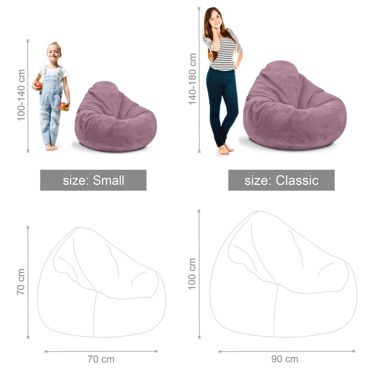SITZSACK PARADISE MIT FUßSTÜTZE Kordsamt 2-tlg Plum Smoothie M - Violett, Textil (90/100/90cm) - Dreamroots