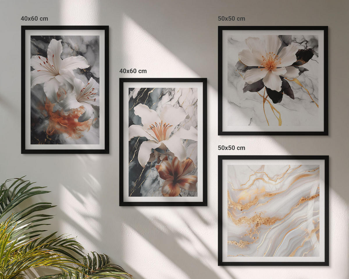 WANDBILDER 4er-Set - 50x50 cm & 40x60 cm Schwarzer Rahmen - Blumen Marmor weiß schwarz - Schwarz, Kunststoff (50/50cm) - ArtPrintCave