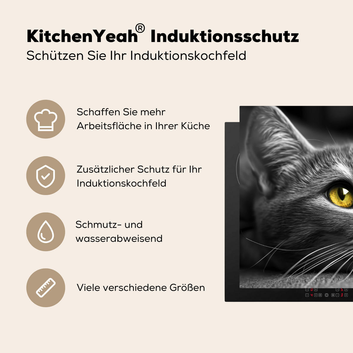 HERDABDECKPLATTE Katze - Grau - Tiere - Katze Herdabdeckung Induktionsfeld 65x52 cm - Grau, Kunststoff (65/52/0.2cm) - MuchoWow