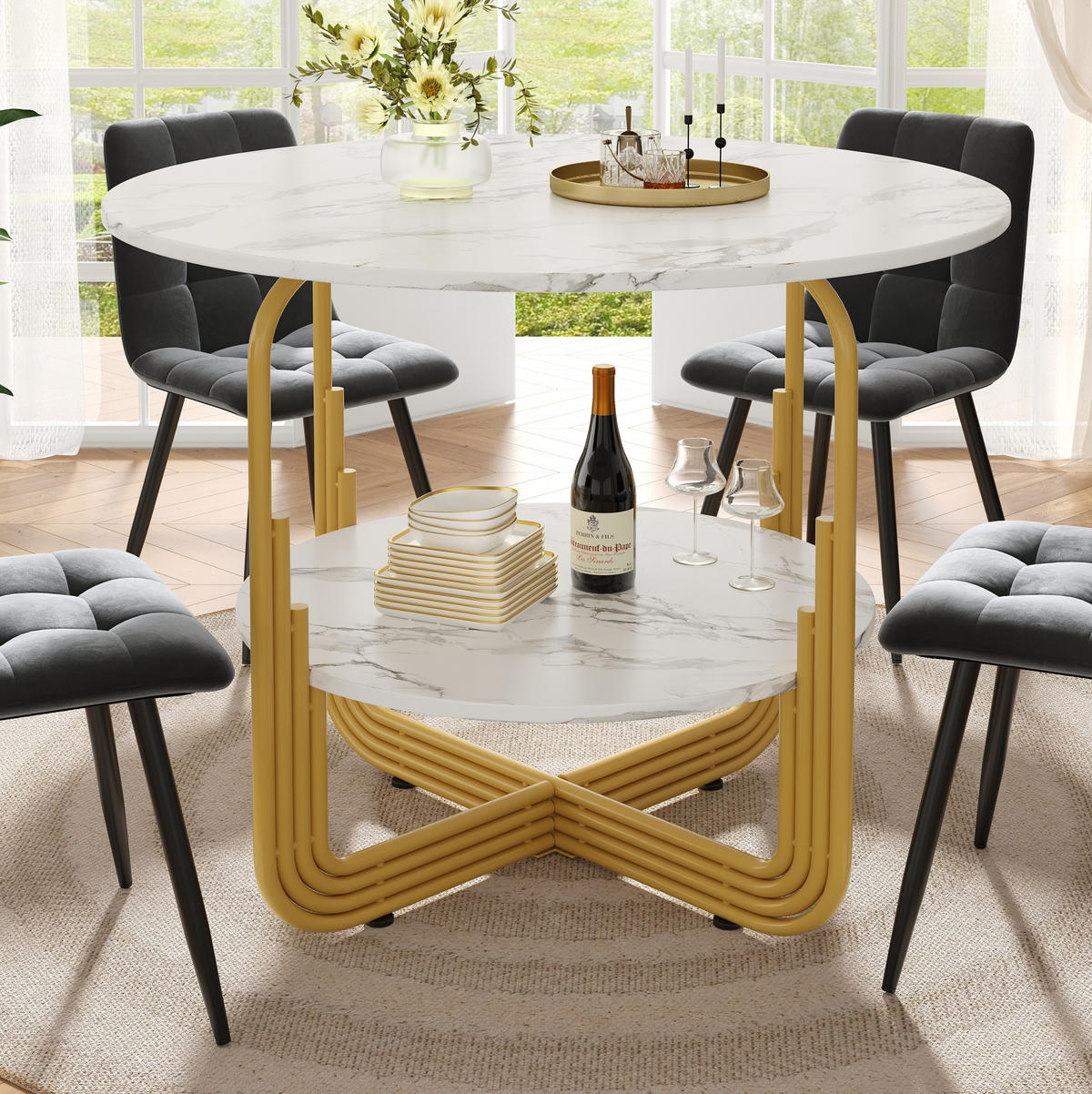 ESSTISCH 80/80/76 cm in Gold mit MDF-Marmoroptik und Ablage - Goldfarben, Holzwerkstoff (80/80/76cm) - Flora Grace