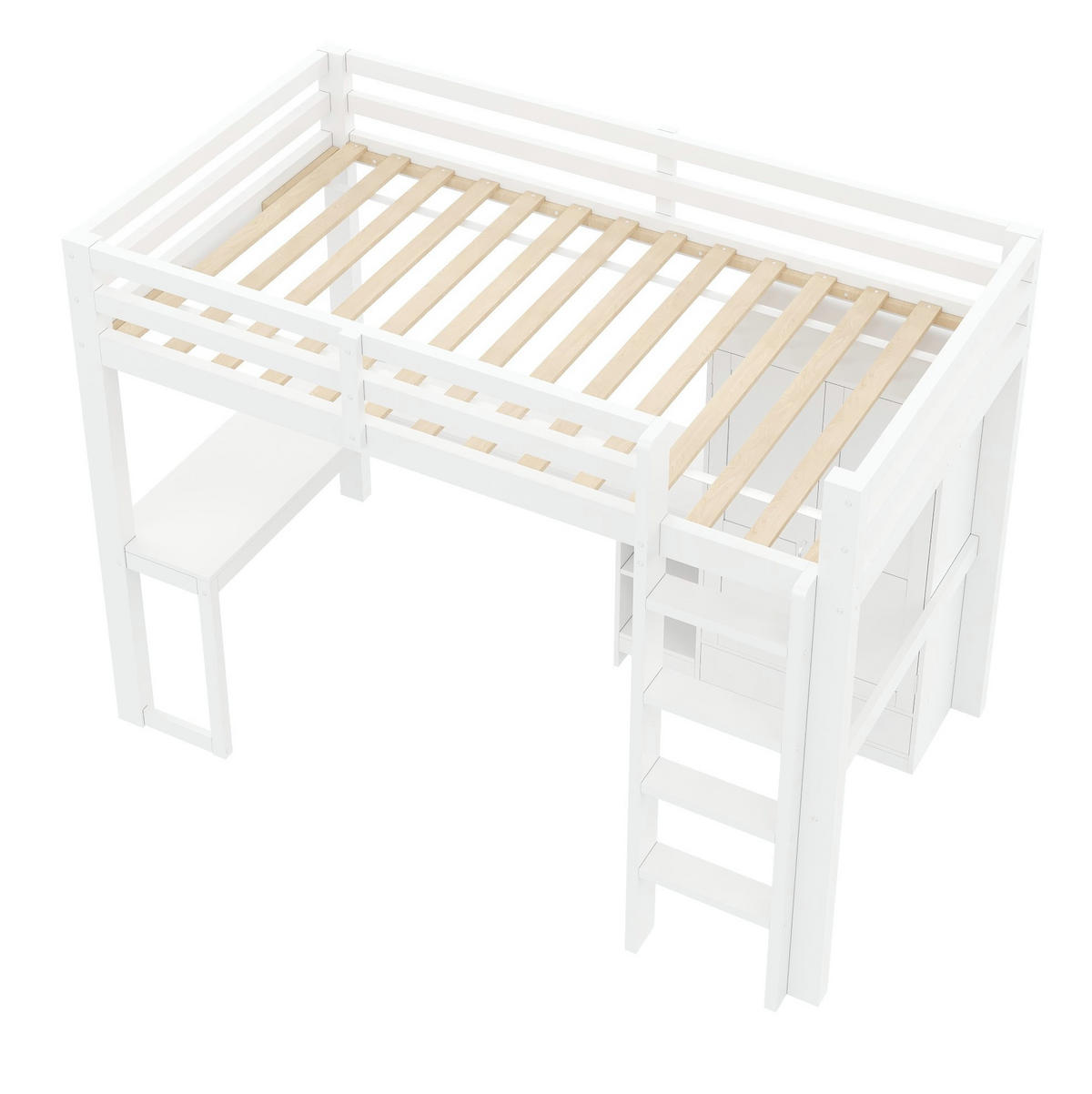HOCHBETT aus Kiefernholz und MDF 90x200 cm Weiß mit Schreibtisch, Kleiderschrank, USB und LED-Beleuchtung - Weiß, Holzwerkstoff (90/200cm) - Modfu