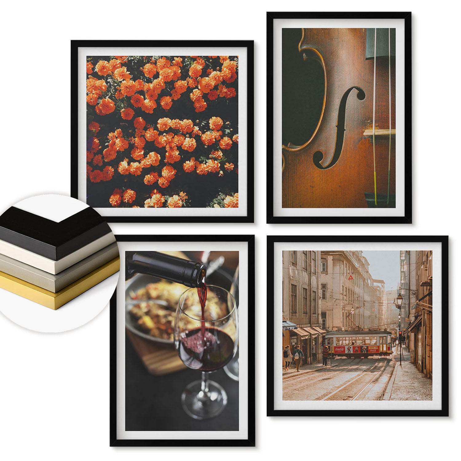WANDBILDER 4er-Set - 50x50 cm & 40x60 cm Schwarzer Rahmen - Vintage Blumen Straße Wein Geige - Schwarz, Kunststoff (50/50cm) - ArtPrintCave