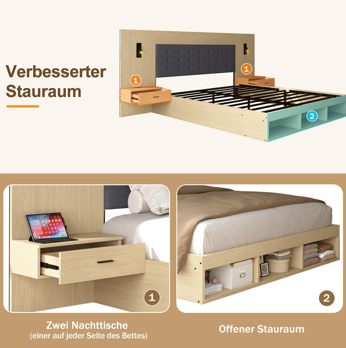 MANŽELSKÁ posteľ 160/200 cm svetlý dub z MDF s úložným priestorom USB Type-C a lampami s 2 nočnými stolíkmi - farba duba, kompozitné drevo (180/200cm) - OKWISH