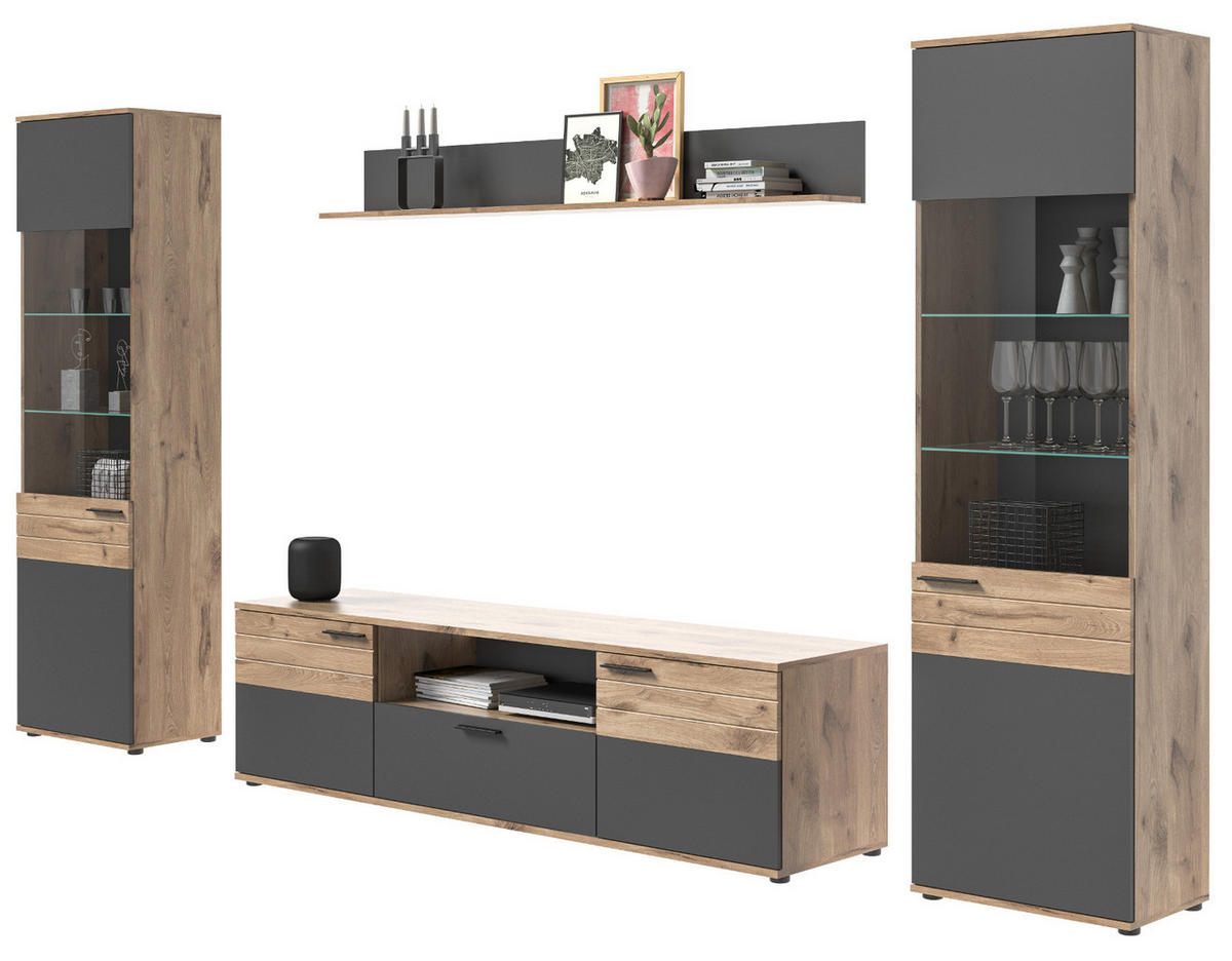 WOHNWAND Eiche, grau 4-teilig 338 cm, Schrankwand mit Soft-Close, Wohn- und Esszimmermöbel - Eichefarben/Schwarz, Glas/Holzwerkstoff (338/200/47cm) - Inn.Furn