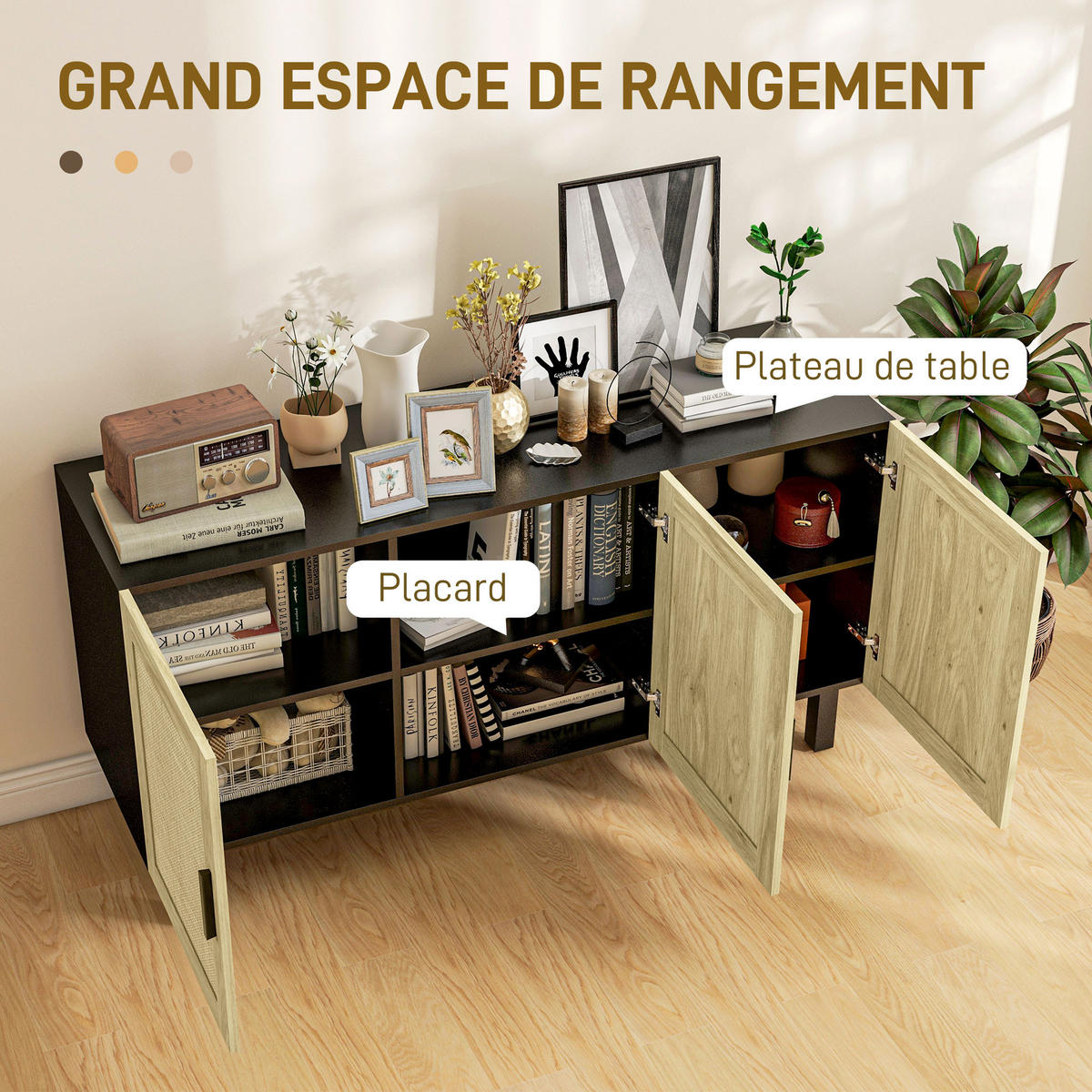 SIDEBOARD DE-11149 3 Korb-Türen Schwarz/Naturholz - Schwarz, Holzwerkstoff (136/70/41cm) - ComfortXL