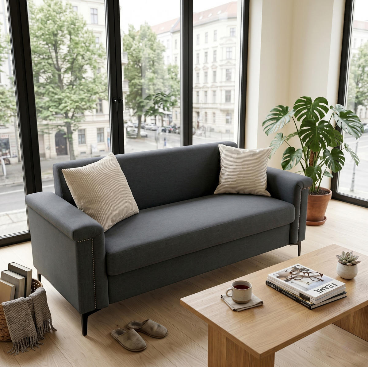 SOFA 2-Sitzer 172 cm Dunkelgrau mit Metallfüßen - Dunkelgrau, Holz (73.5/81.5/172cm) - Meubliv