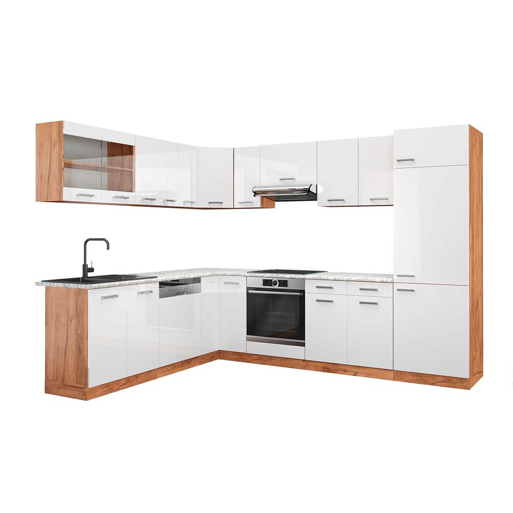 ECKKÜCHE R-Line Weiß Hochglanz/Goldkraft Eiche 227 x 287 cm, AP Marmor - Honigeiche/Weiß Hochglanz, Holzwerkstoff (287/81.6/60cm) - Vicco