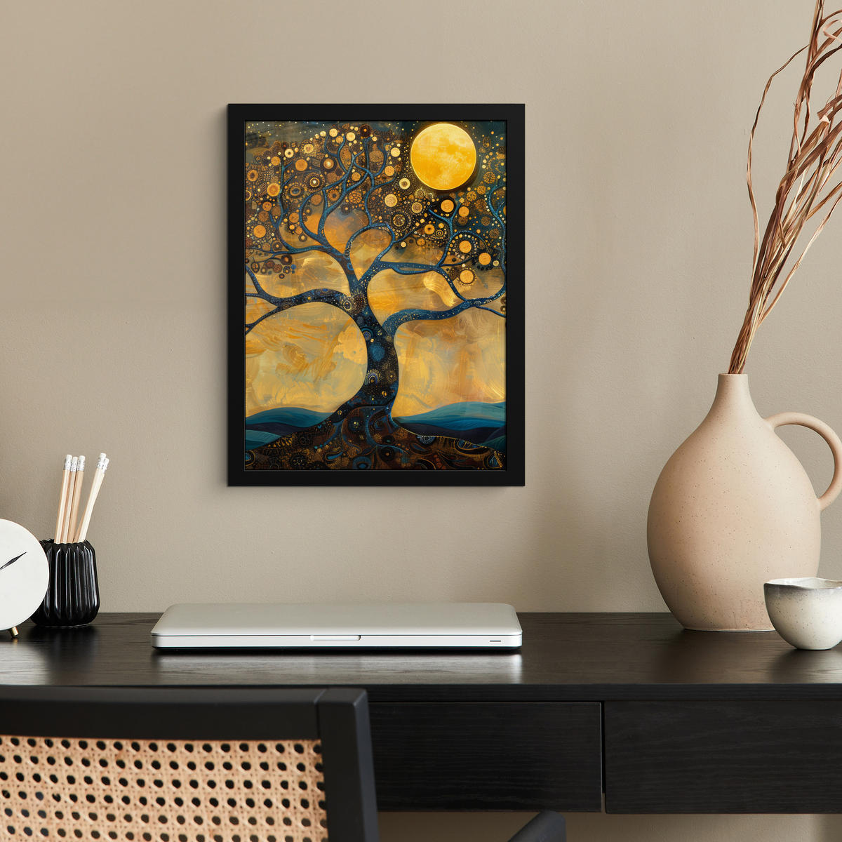 GERAHMTES BILD Baum - Mond - Blumen - Gold - Kunst 30x40 cm - Orange, Papier (30/40cm) - MuchoWow
