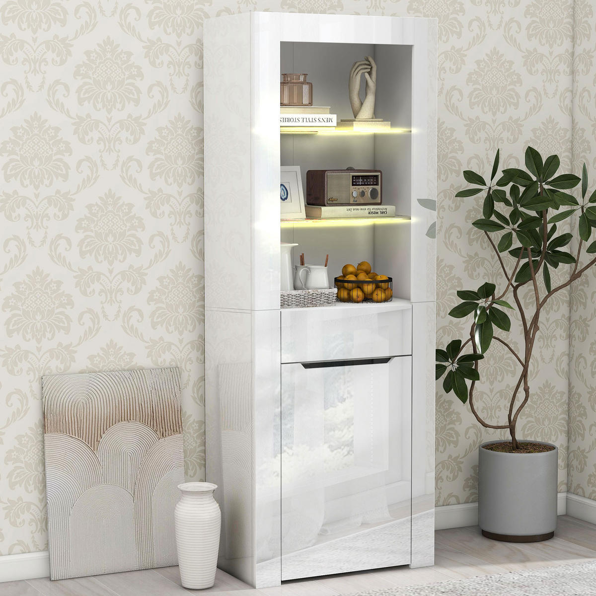 VITRINENSCHRANK aus Spanplatte 60x35,5x165 cm Weiß mit LED-Beleuchtung, App-Steuerung und Stauraum - Weiß, Holzwerkstoff (60/165/35.5cm) - Modfu