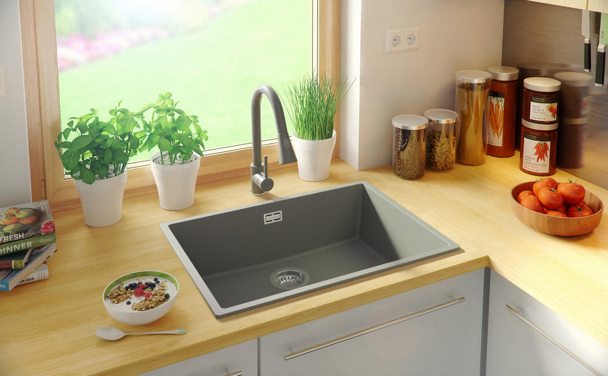 GRANITSPÜLE London Slim, 2-er set Grau 66/47 cm 1 Becken + Küchenarmatur 32/20 cm + Ablauf-Set ab 70er Unterschrank - Chromfarben/Grau, Kunststoff (66/20/47cm) - Primagran