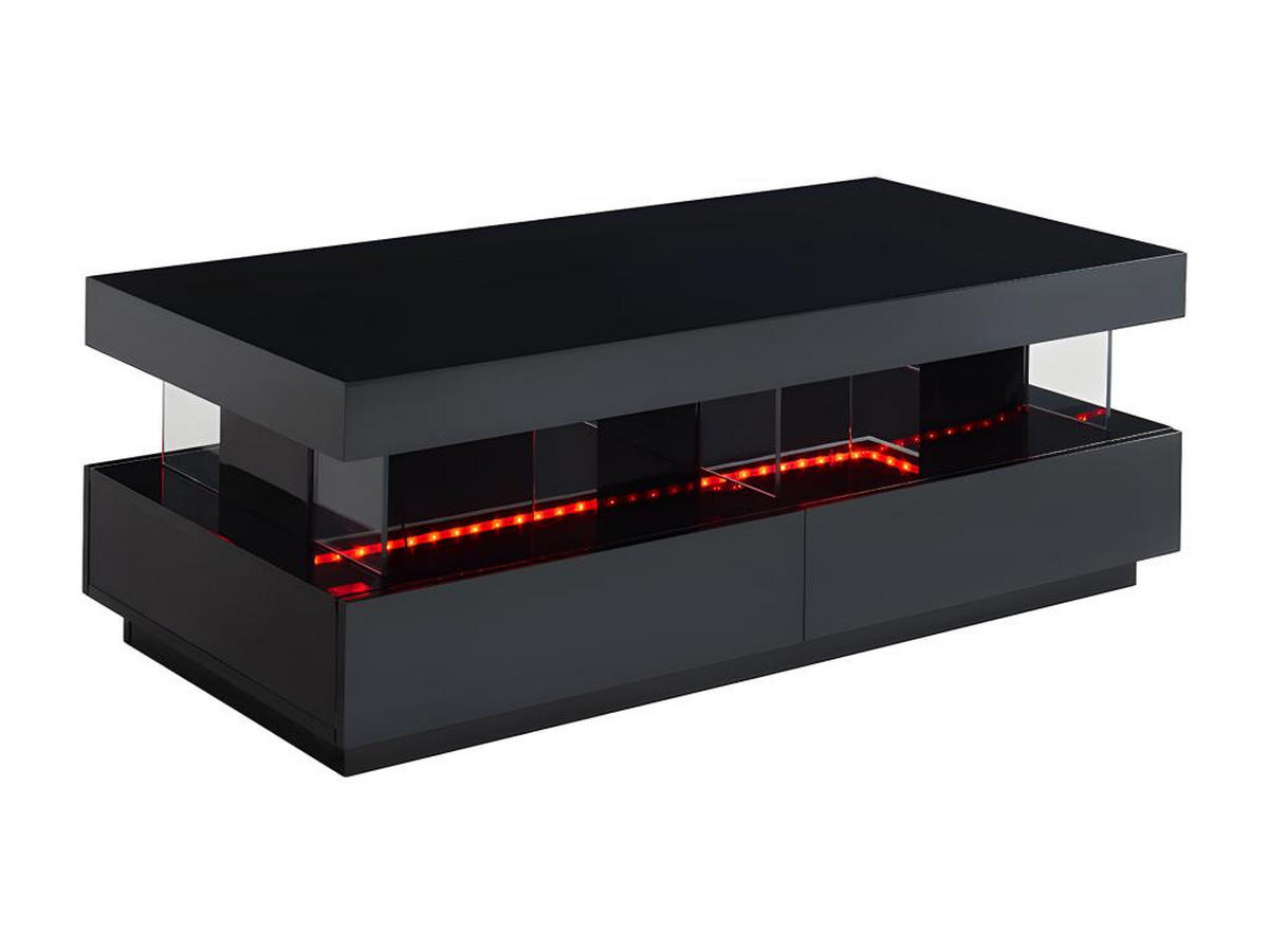 COUCHTISCH mit 2 Schubladen + 2 Ablagen + LEDs - MDF lackiert - Schwarz - FABIO - Schwarz, Holz (120/60/42cm) - Vente-Unique