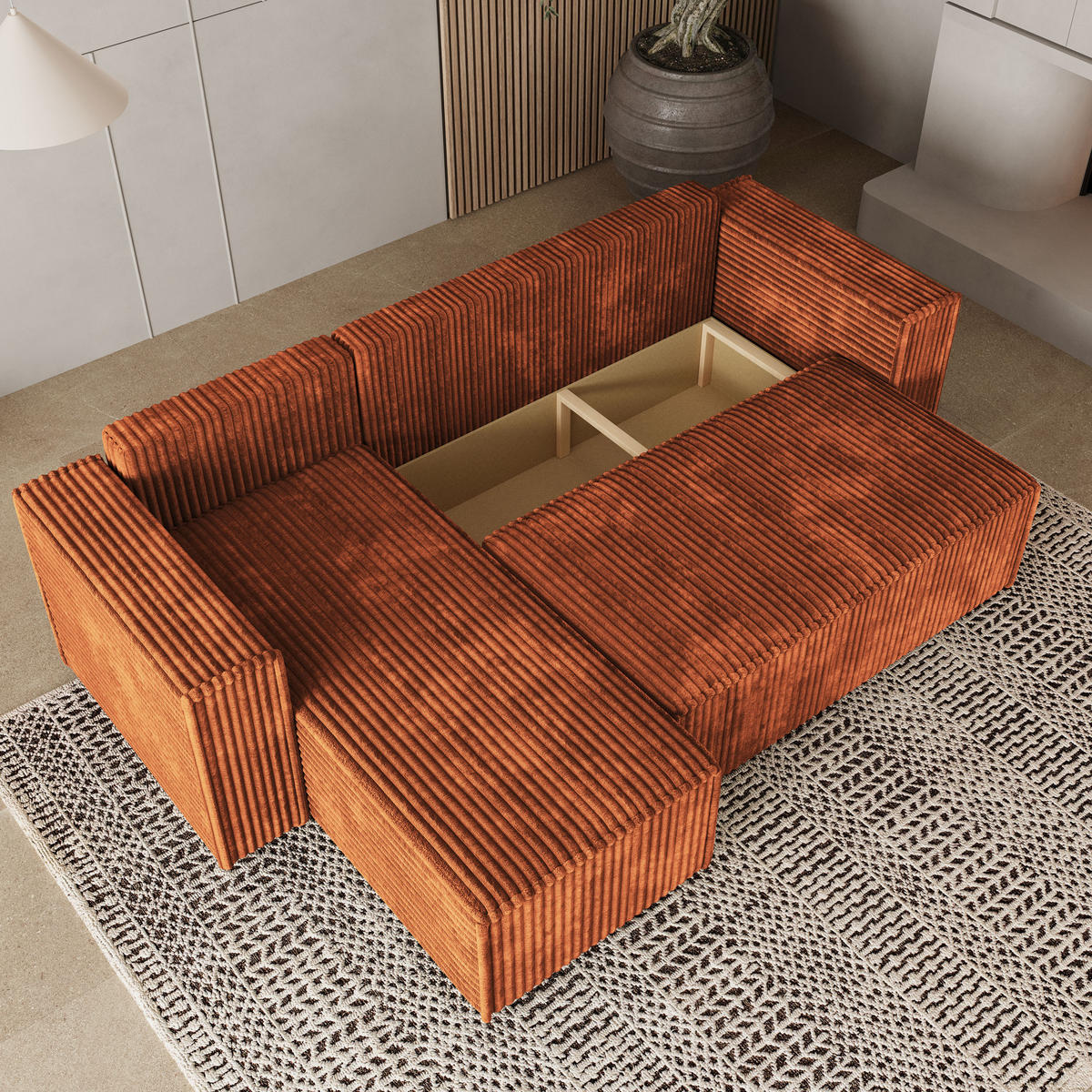 ECKSOFA RAVELO T Braun Kordstoff mit Schlaffunktion - Braun, Holz (240/140cm) - MASSENO