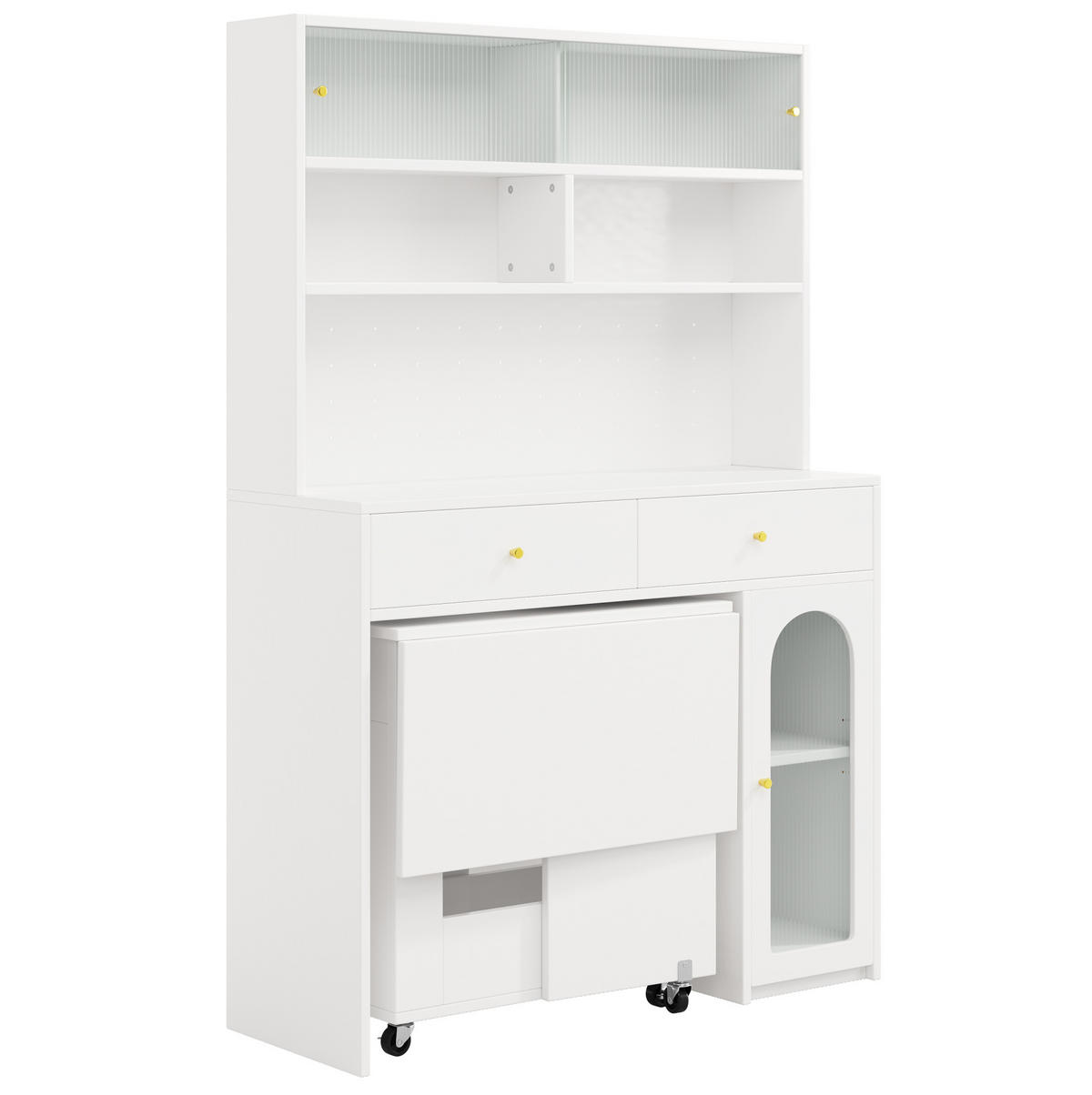 BUFFETSCHRANK-SET 120/45/180 cm mit klappbarem Esstisch, Stauraum und Glastüren, Weiß - Weiß, Holzwerkstoff (120/180/45cm) - Redom
