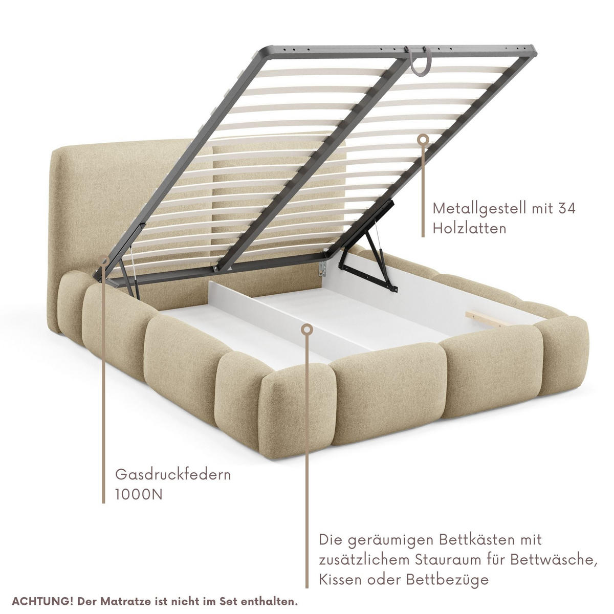 POLSTERBETT ARDELLO mit Beinen mit Bettkasten,Bett 140x200,Doppelbett,Lattenrost,Boxspringbett-Optik,ohne Matratze,Schlafzimmer-Fuchsrot - Beige, Holz (180/200cm) - Furnistar