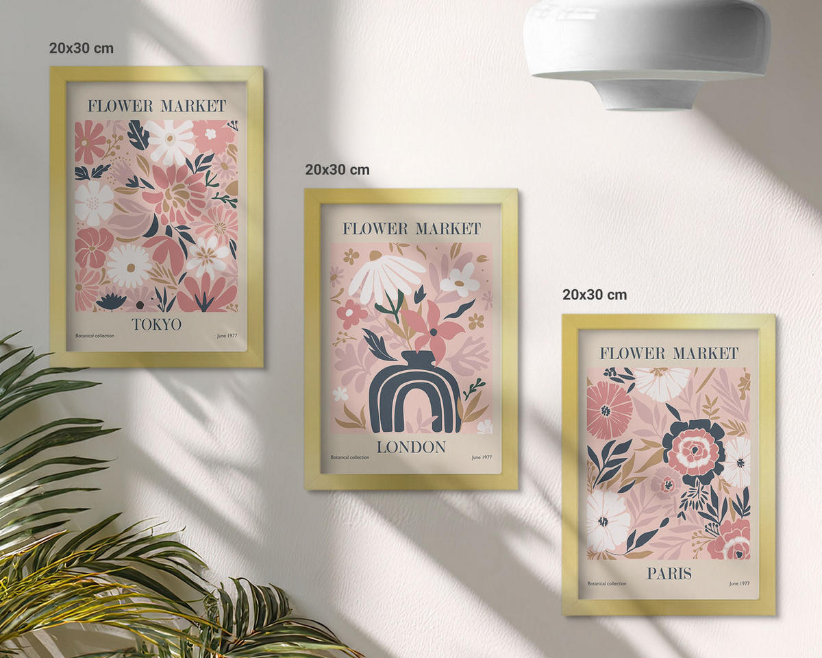 WANDBILDER 3er Set - 20x30 cm Goldrahmen - Blumenmotive Tokio London Paris - Goldfarben, Kunststoff (20/30cm) - ArtPrintCave