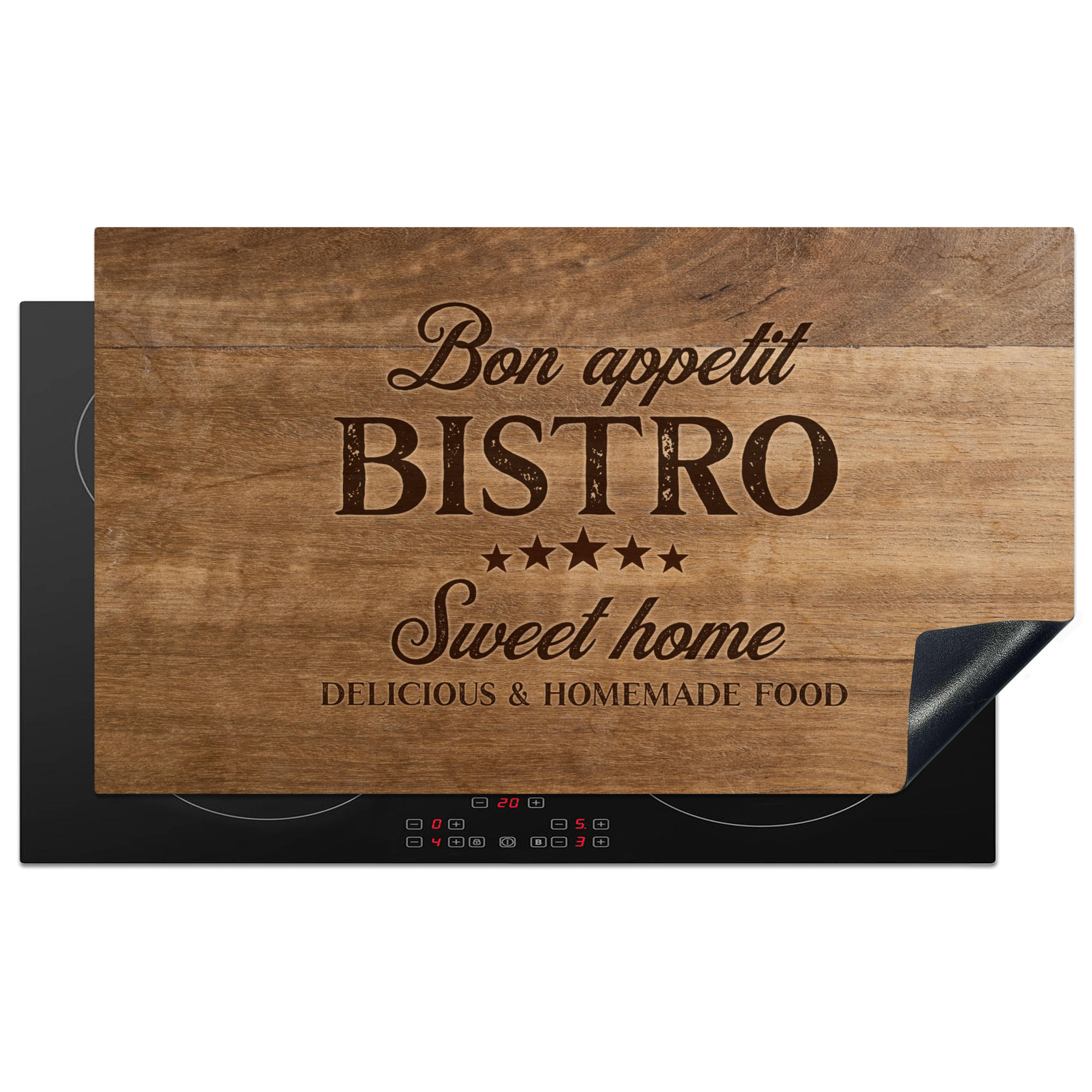 HERDABDECKPLATTE Zitat - Bistro - Guten Appetit - Süßes Zuhause - Holzmaserung 90x52 cm - Braun, Kunststoff (90/0.2/52cm) - MuchoWow