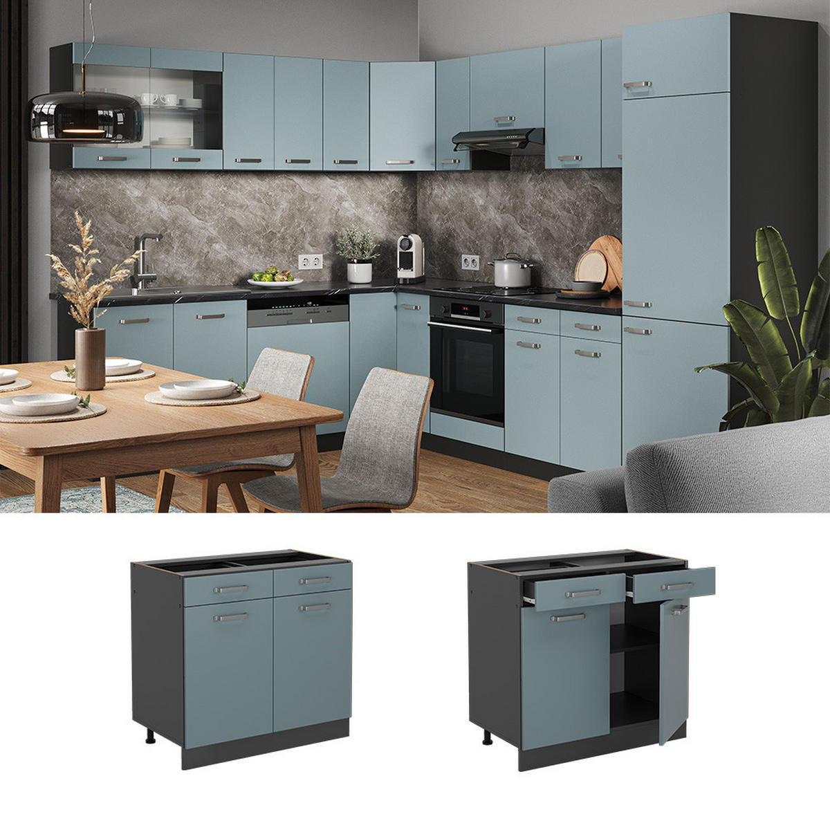 KÜCHENUNTERSCHRANK R-Line Blau-Grau 80 cm, AP Anthrazit - Anthrazit/Blaugrau, Holzwerkstoff (80/81.6/60cm) - Vicco