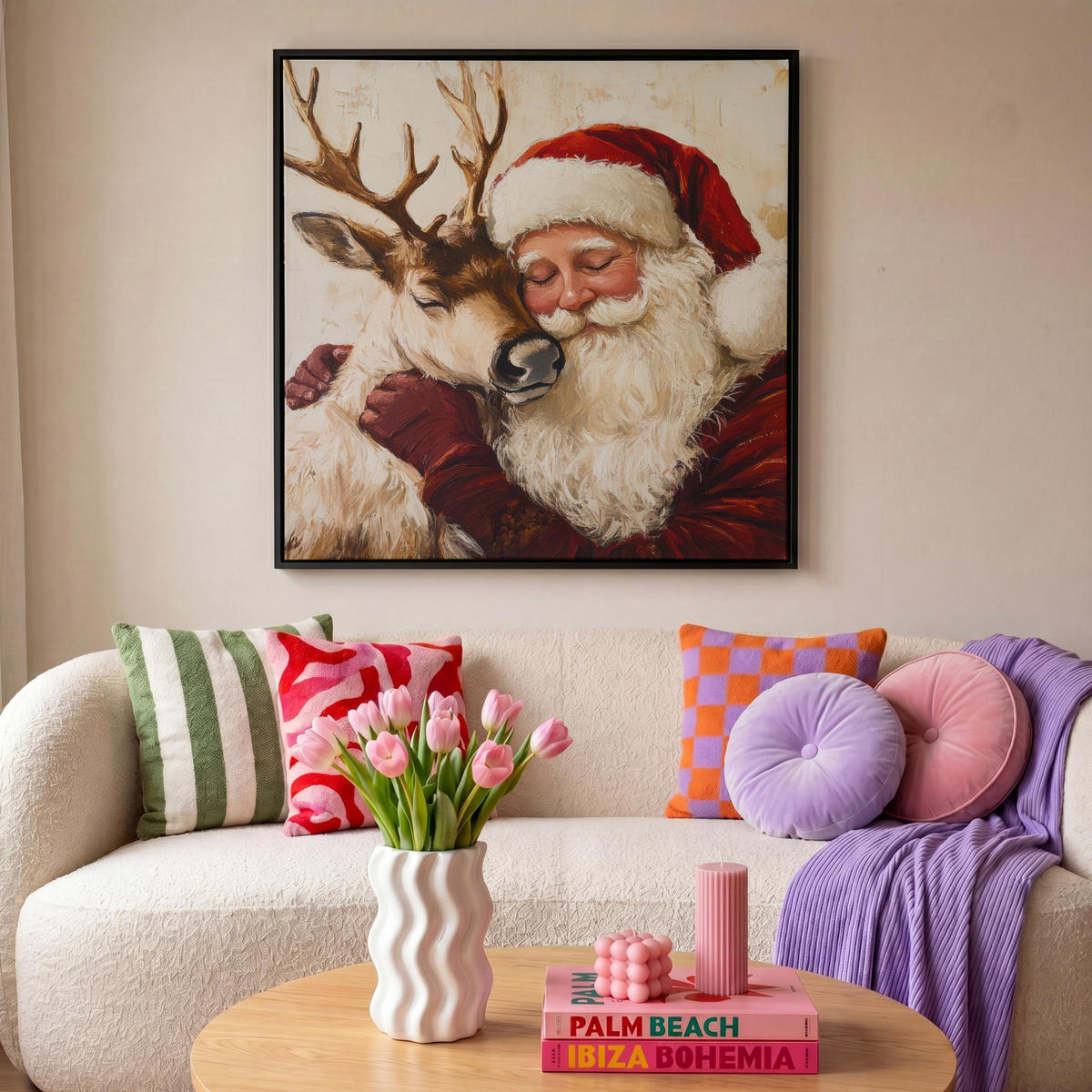 LEINWAND Bilder mit Rahmen - Weihnachtsmann - Rentier - Weihnachten - 90x90 - Rotbraun, Textil (90/90cm) - MuchoWow