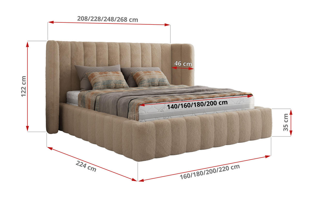 POLSTERBETT GOLETTA CLASSIC 200/200 - Beige Plüsch - Multipocket-Matratze - Beige, Textil (200/200cm) - MKS