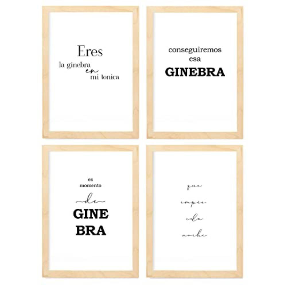POSTER Set mit 4 Gin TypografieStil A4 Rahmen aus hellem Holz - Beige, Papier (29.7/3cm) - Nacnic