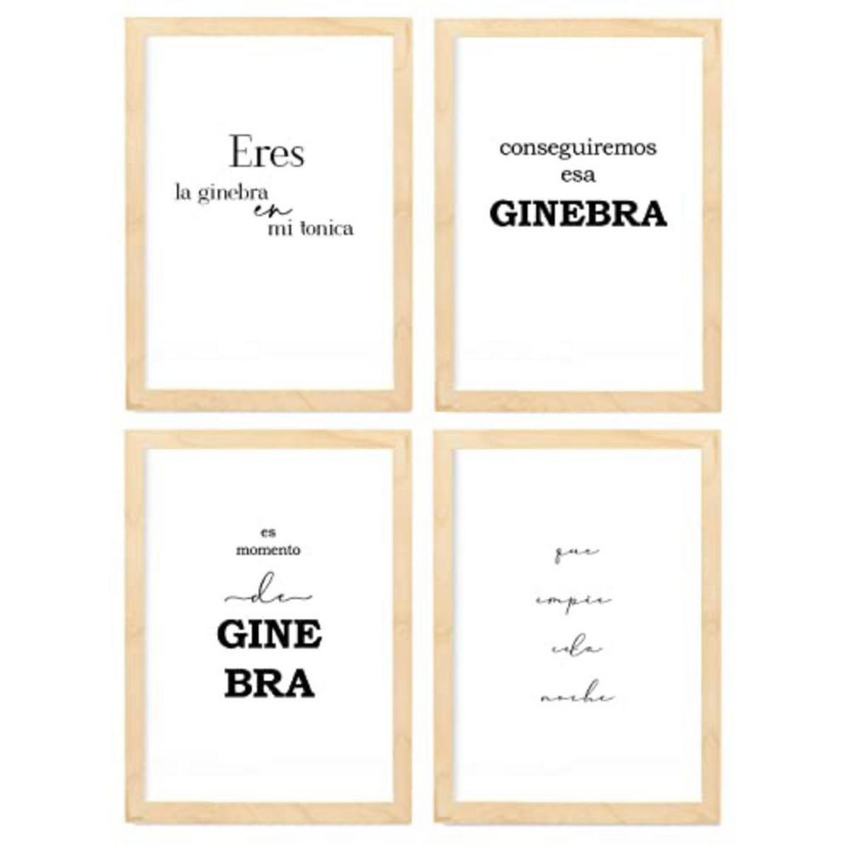 POSTER Set mit 4 Gin TypografieStil A4 Rahmen aus hellem Holz - Beige, Papier (29.7/3cm) - Nacnic