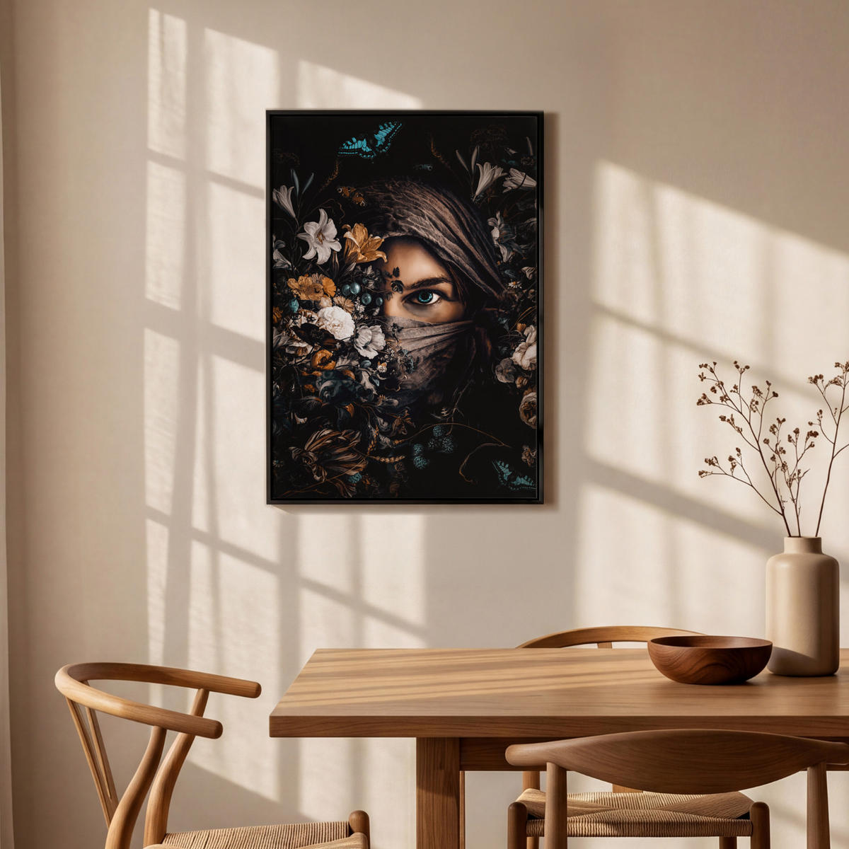LEINWAND Bilder mit Rahmen - Frau - Luxus - Blumen - Schmetterling - Porträt - 60x90 - Schwarz, Textil (60/90cm) - MuchoWow