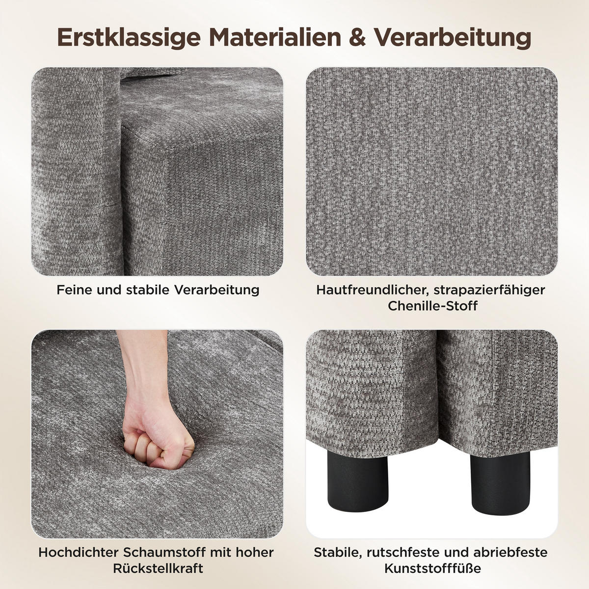 ECKSOFA 187.5/144/85.5 cm Grau Chenille mit 2 Kissen - Grau, Holz/Textil (187.5/144cm) - Oxeza