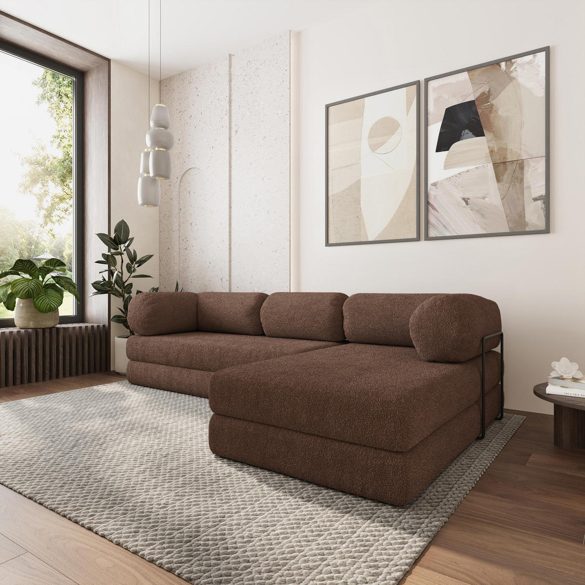 ROHOVÁ SEDAČKA KELI modulární Boneless pohovka s funkcí spaní, hnědá QUELLE 25 - hnědá, textil (270/160cm) - MASSENO