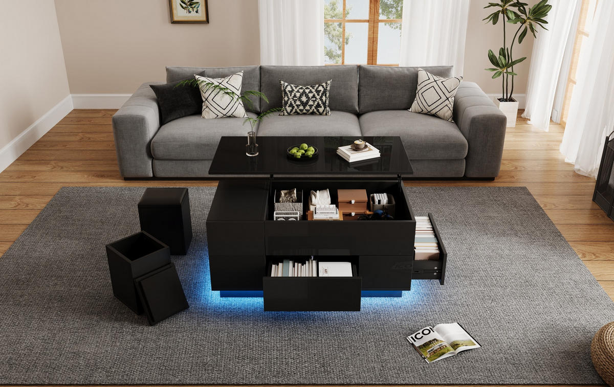 COUCHTISCH 100/50/45 cm höhenverstellbar mit LED-Beleuchtung und 2 Hockern, Schwarz - Schwarz, Holzwerkstoff (100/50/45cm) - Flora Grace