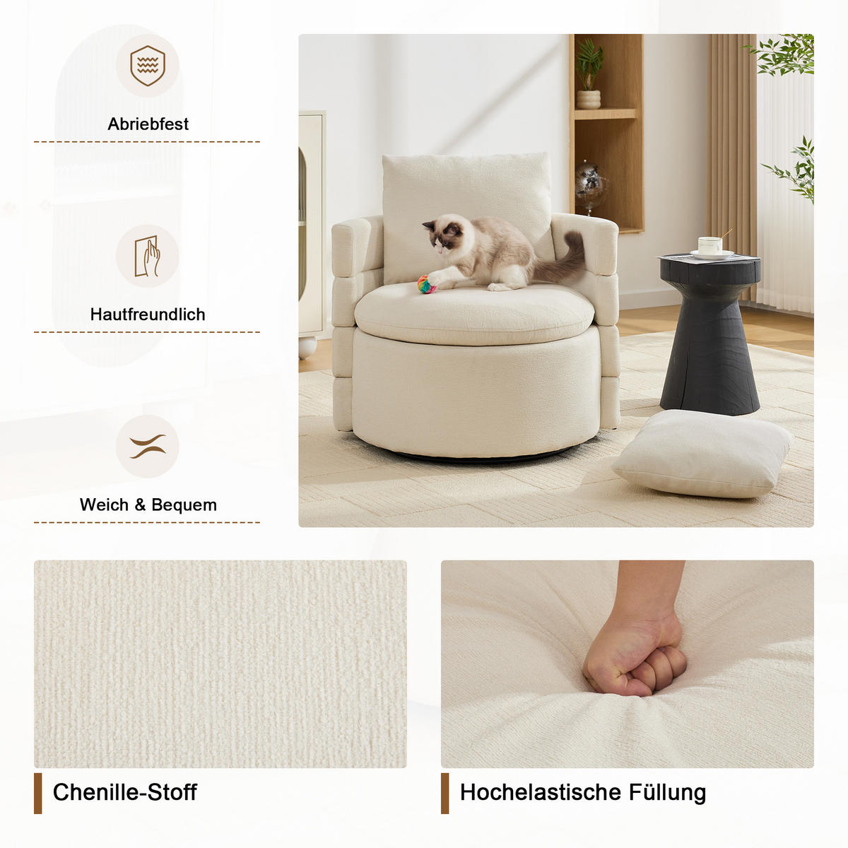 SESSEL 360° drehbar mit Stauraum, DE-42213, Elfenbein - Creme, Holzwerkstoff (73/83/78.5cm) - ComfortXL